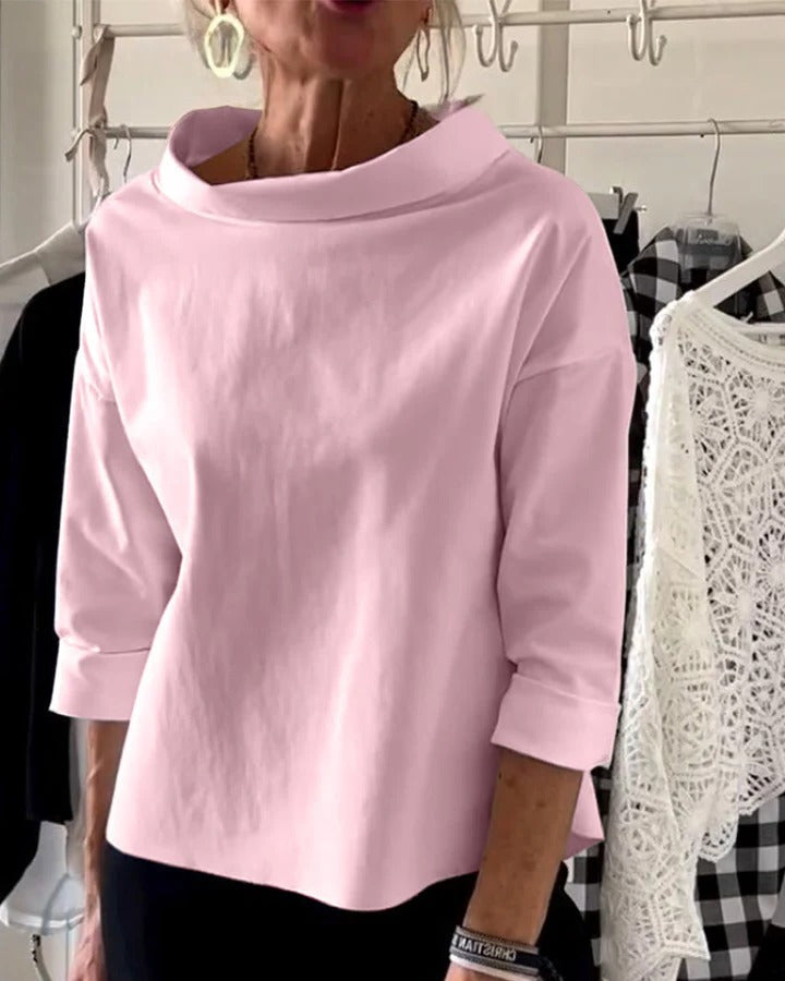 Pullover Top with High Collar and Three Quarter Sleeves, Relaxed Fit For Women