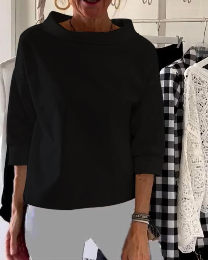 Pullover Top with High Collar and Three Quarter Sleeves, Relaxed Fit For Women