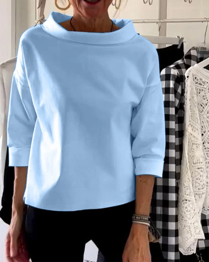 Pullover Top with High Collar and Three Quarter Sleeves, Relaxed Fit For Women
