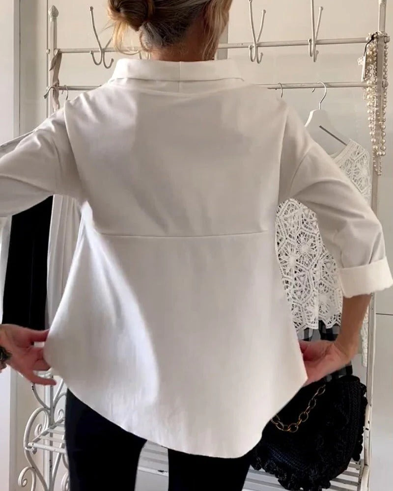 Pullover Top with High Collar and Three Quarter Sleeves, Relaxed Fit For Women