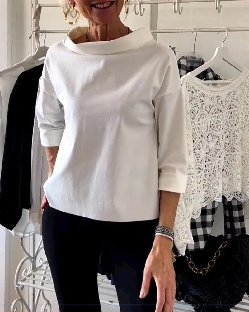 Pullover Top with High Collar and Three Quarter Sleeves, Relaxed Fit For Women