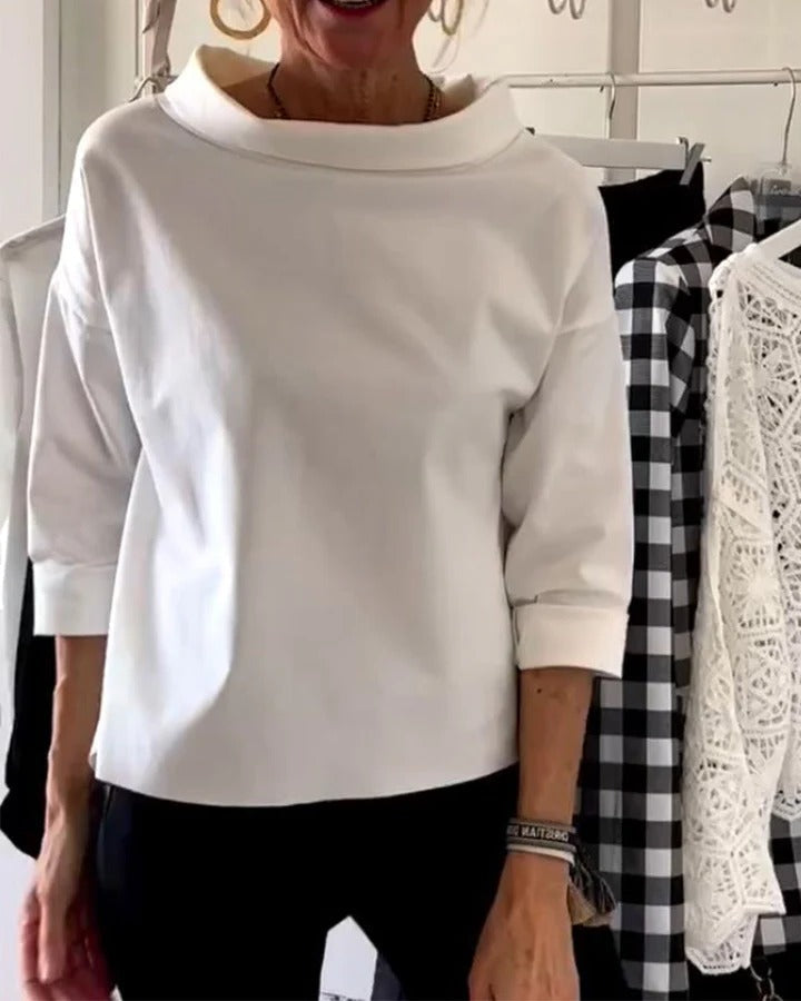 Pullover Top with High Collar and Three Quarter Sleeves, Relaxed Fit For Women