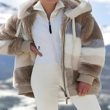 Plush Faux Fur Coat with Adjustable Drawstring Hood and Elasticized Cuffs, Multicolored