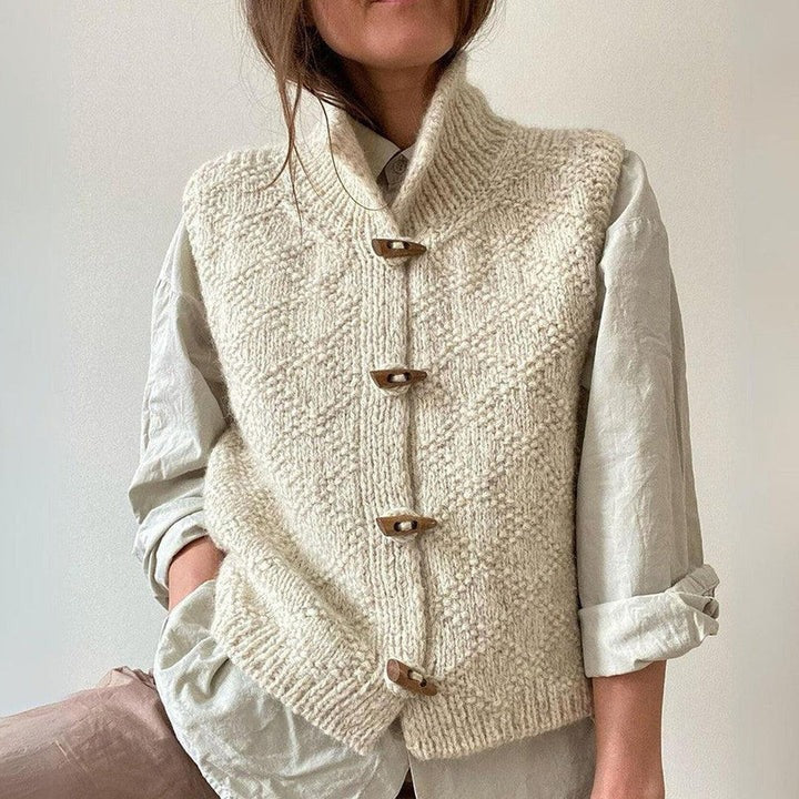 Beige Chunky Knit Vest with Wooden Toggle Buttons and Ribbed Collar