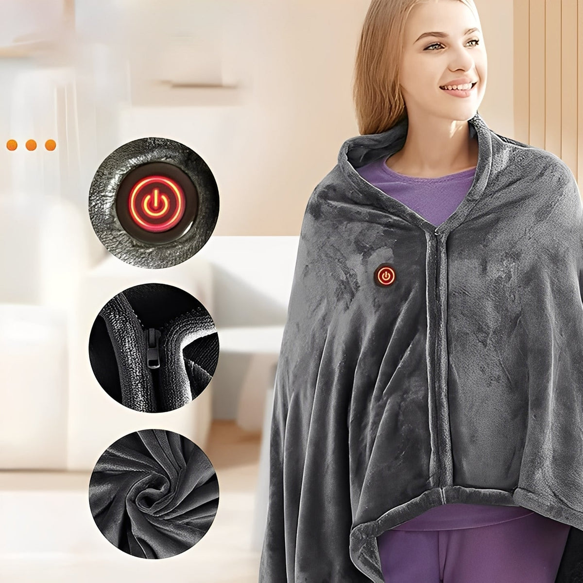 Flannel Fleece Heated Shawl with Three Temperature Settings and Universal Power Cable