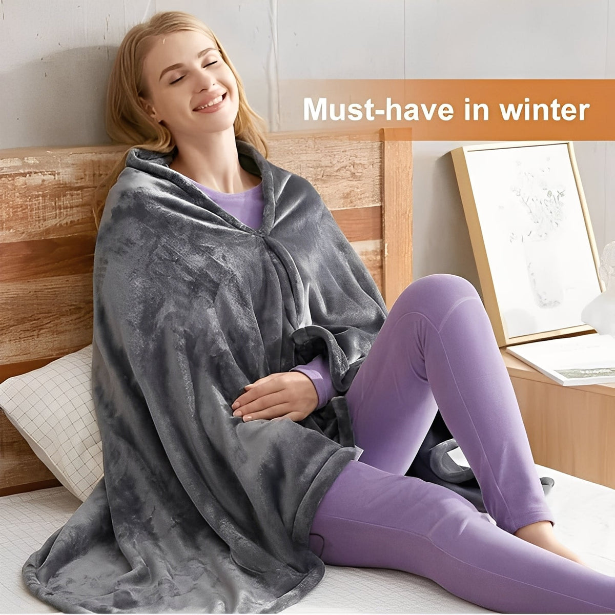 Flannel Fleece Heated Shawl with Three Temperature Settings and Universal Power Cable
