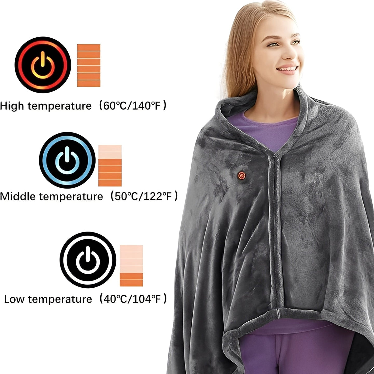 Flannel Fleece Heated Shawl with Three Temperature Settings and Universal Power Cable