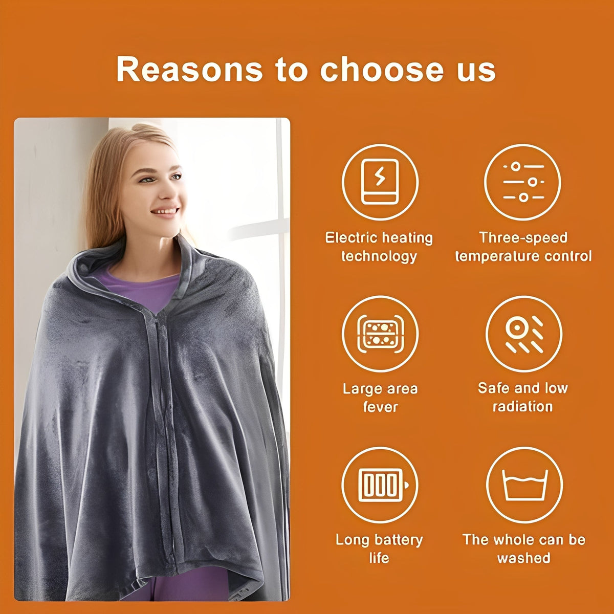 Flannel Fleece Heated Shawl with Three Temperature Settings and Universal Power Cable