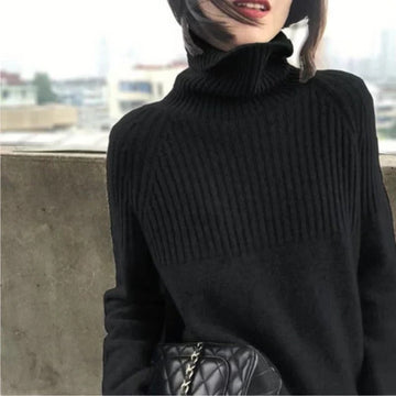 Women's Turtleneck Knit Sweater with Ribbed Cuffs and Long Sleeves