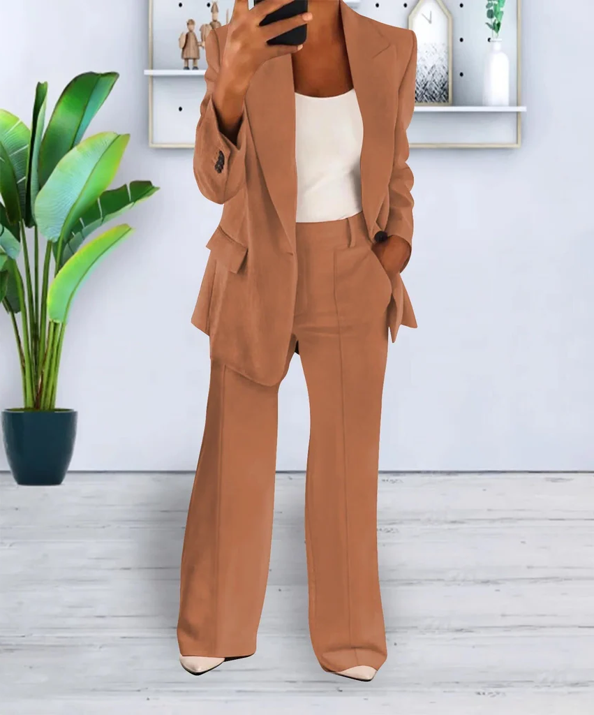 Women's Two Piece Business Suit with Jacket and Straight Leg Trousers, Cotton Blend