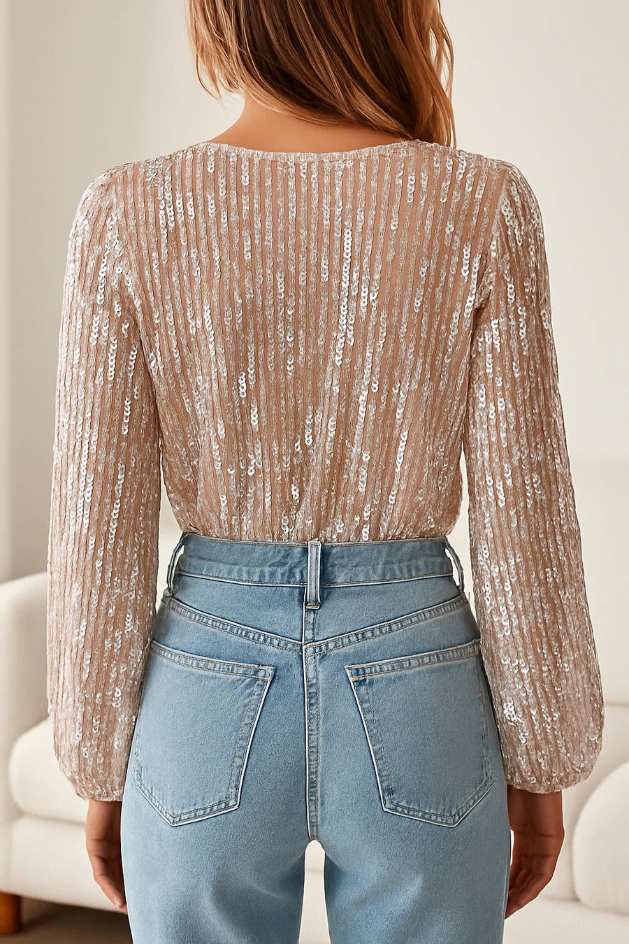 Sequin Blouse with Deep V Neckline and Long Sleeves for Evening Events