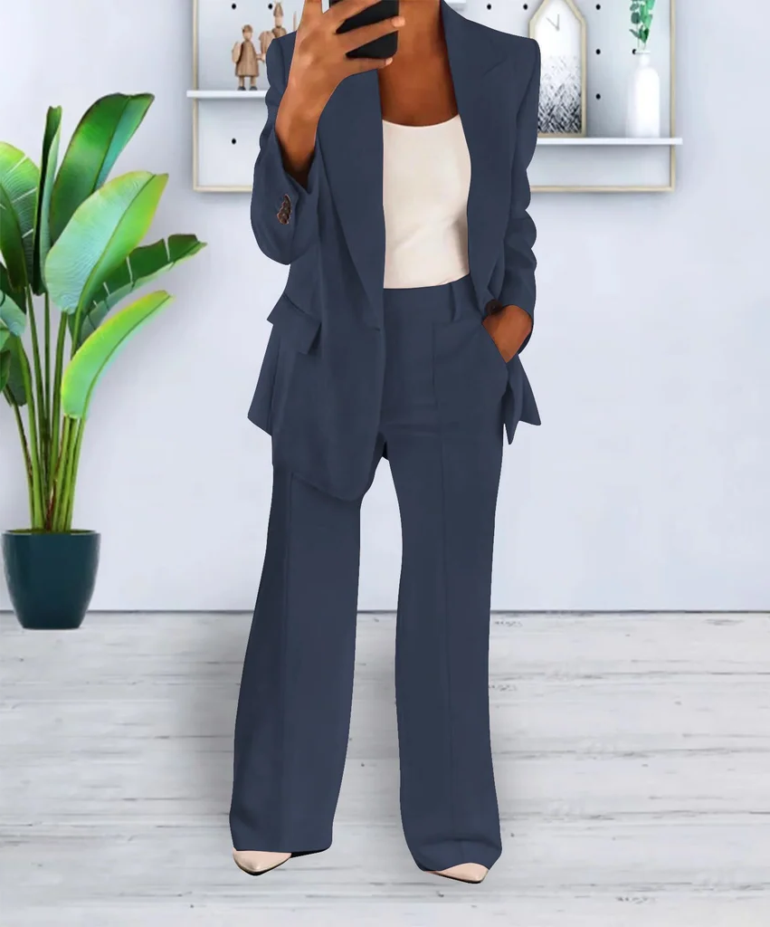 Women's Two Piece Business Suit with Jacket and Straight Leg Trousers, Cotton Blend