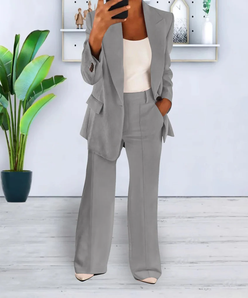 Women's Two Piece Business Suit with Jacket and Straight Leg Trousers, Cotton Blend