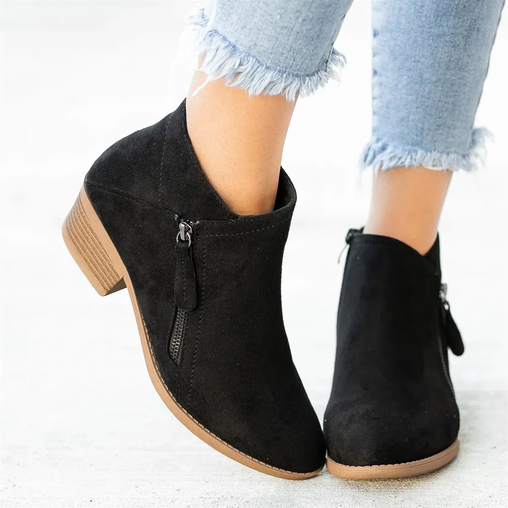 Women's Ankle Boots with Side Zipper and Arch Support, Cushioned Sole