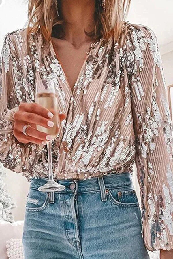 Sequin Blouse with Deep V Neckline and Long Sleeves for Evening Events