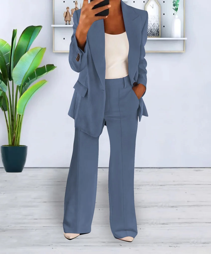 Women's Two Piece Business Suit with Jacket and Straight Leg Trousers, Cotton Blend