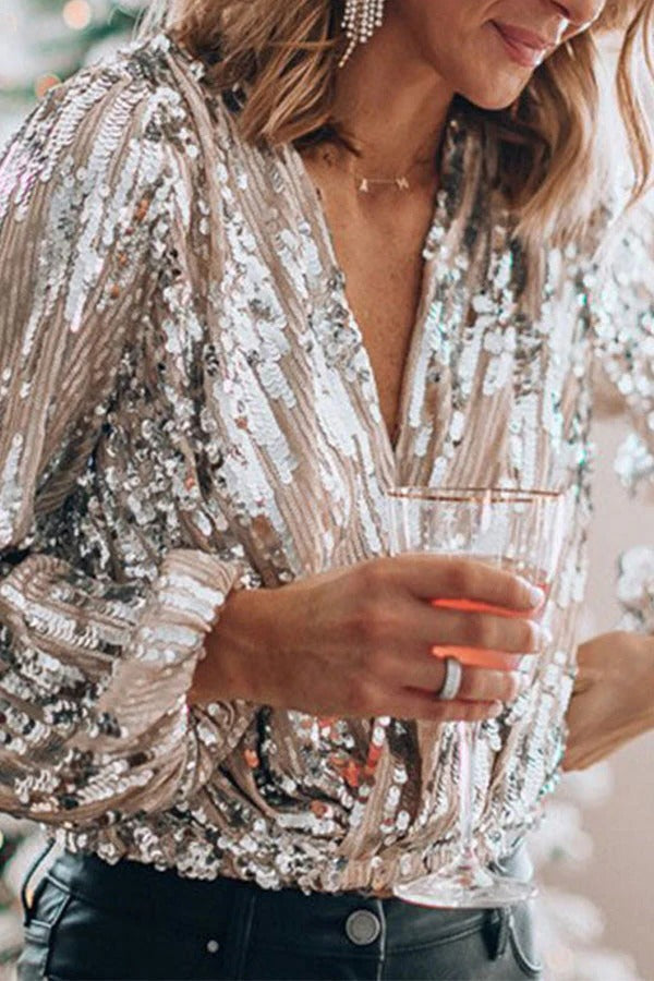 Sequin Blouse with Deep V Neckline and Long Sleeves for Evening Events