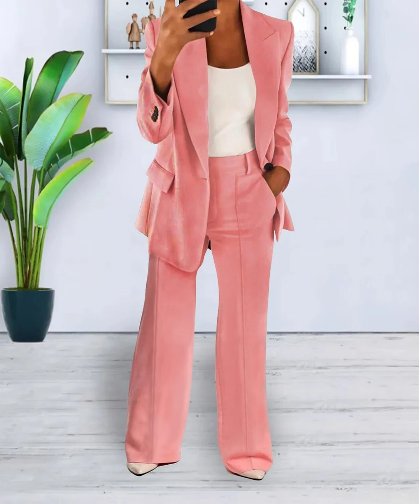 Women's Two Piece Business Suit with Jacket and Straight Leg Trousers, Cotton Blend