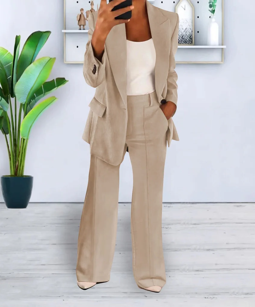 Women's Two Piece Business Suit with Jacket and Straight Leg Trousers, Cotton Blend