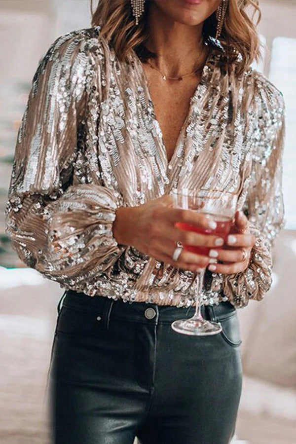 Sequin Blouse with Deep V Neckline and Long Sleeves for Evening Events