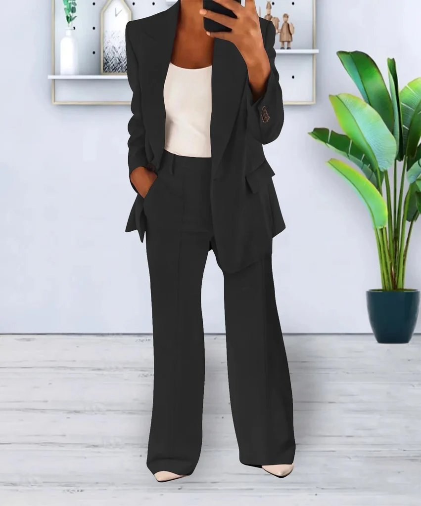 Women's Two Piece Business Suit with Jacket and Straight Leg Trousers, Cotton Blend