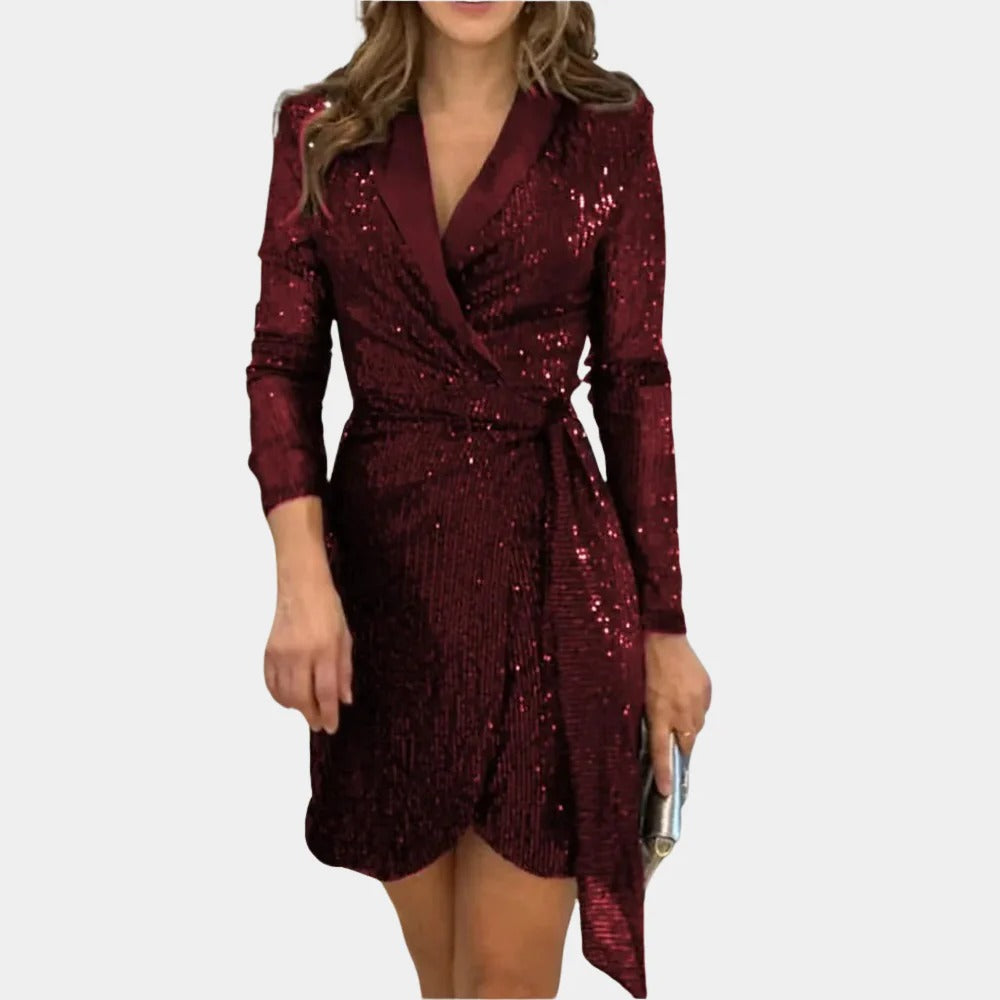 Women's Blazer Dress with Removable Belt and Glitter Threading, Notched Lapel Button Front