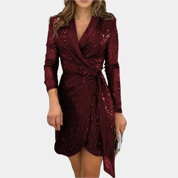 Women's Blazer Dress with Removable Belt and Glitter Threading, Notched Lapel Button Front
