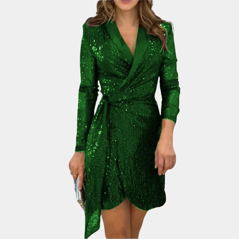Women's Blazer Dress with Removable Belt and Glitter Threading, Notched Lapel Button Front