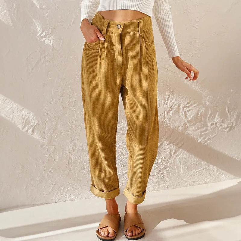 Corduroy Pants for Women with Elastic Waistband and Relaxed Leg Fit