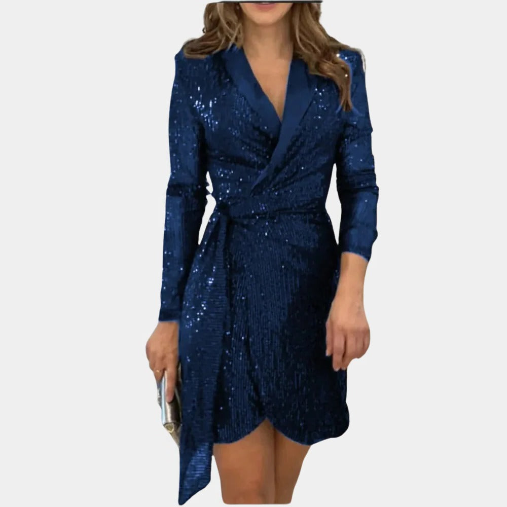 Women's Blazer Dress with Removable Belt and Glitter Threading, Notched Lapel Button Front