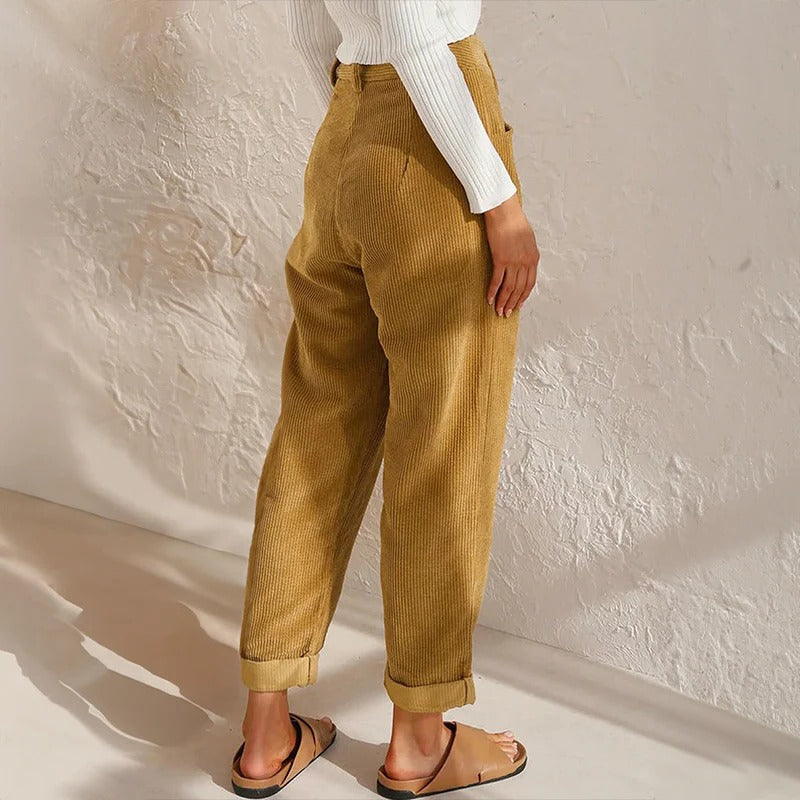 Corduroy Pants for Women with Elastic Waistband and Relaxed Leg Fit