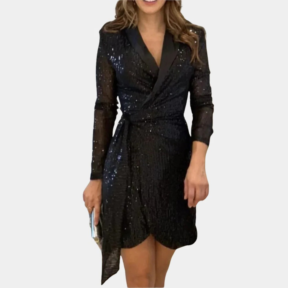 Women's Blazer Dress with Removable Belt and Glitter Threading, Notched Lapel Button Front