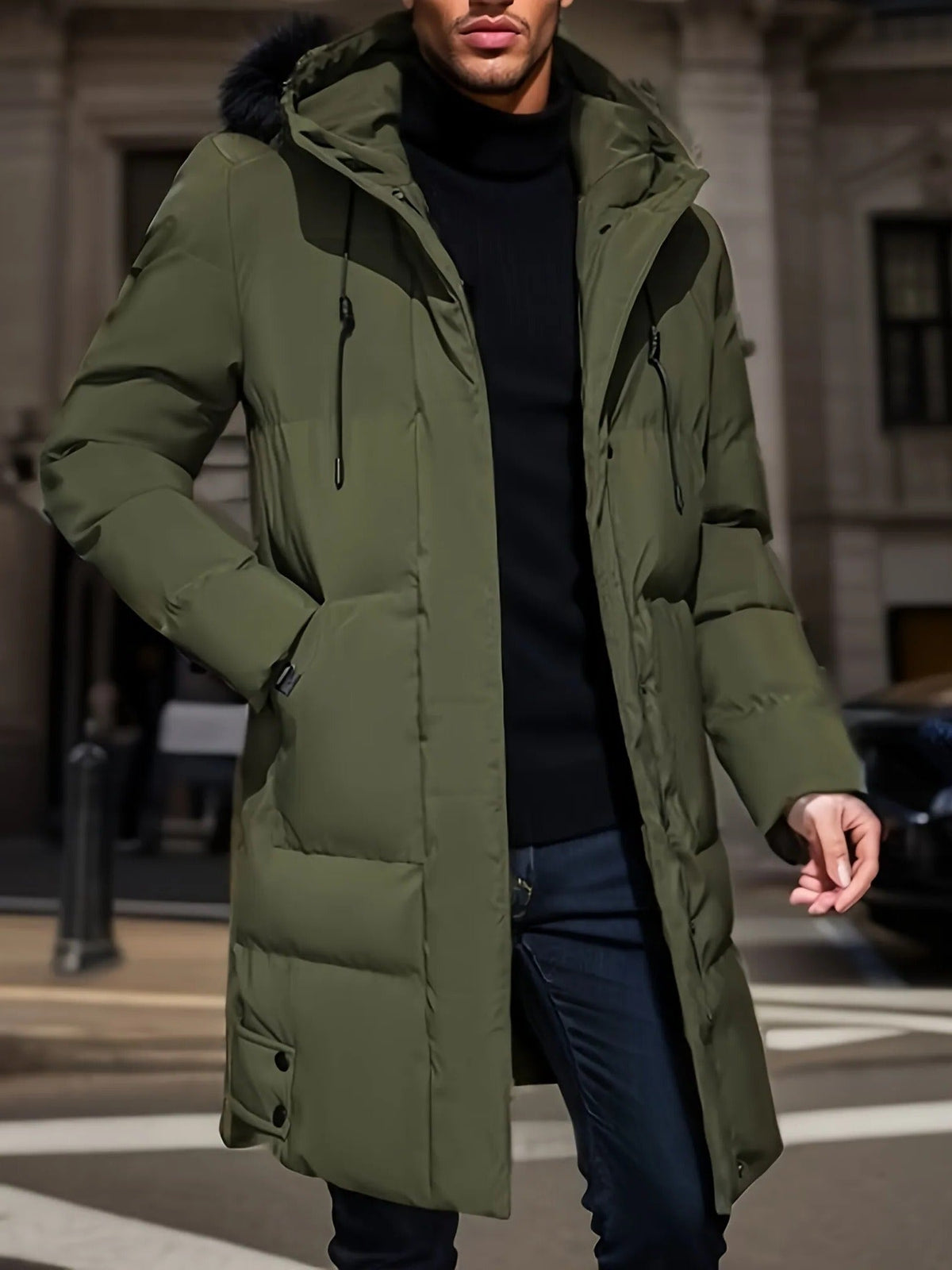 Men's Long Winter Jacket with Adjustable Hood and Moisture Blocking Shell
