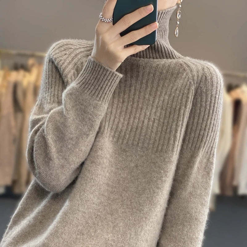 Women's Turtleneck Knit Sweater with Ribbed Cuffs and Long Sleeves