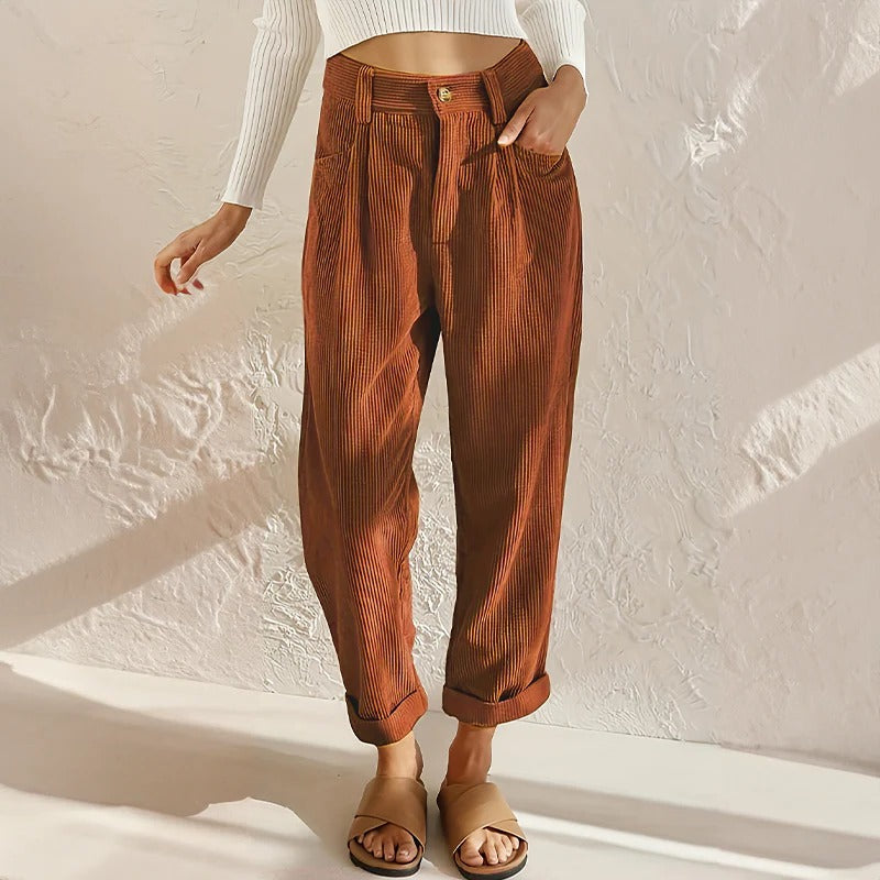 Corduroy Pants for Women with Elastic Waistband and Relaxed Leg Fit