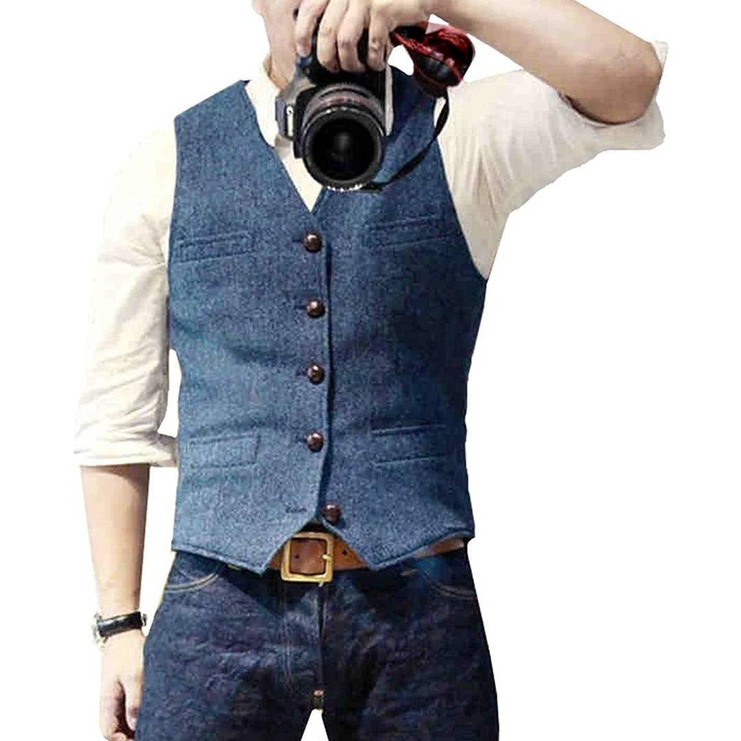 Men's Wool Blend Gilet with Button Front and Hip Pockets