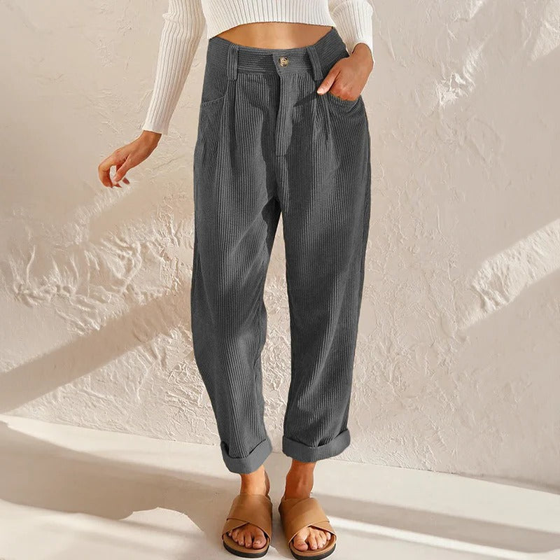 Corduroy Pants for Women with Elastic Waistband and Relaxed Leg Fit