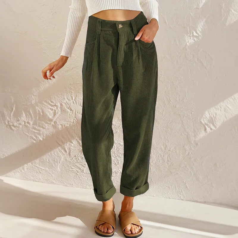 Corduroy Pants for Women with Elastic Waistband and Relaxed Leg Fit