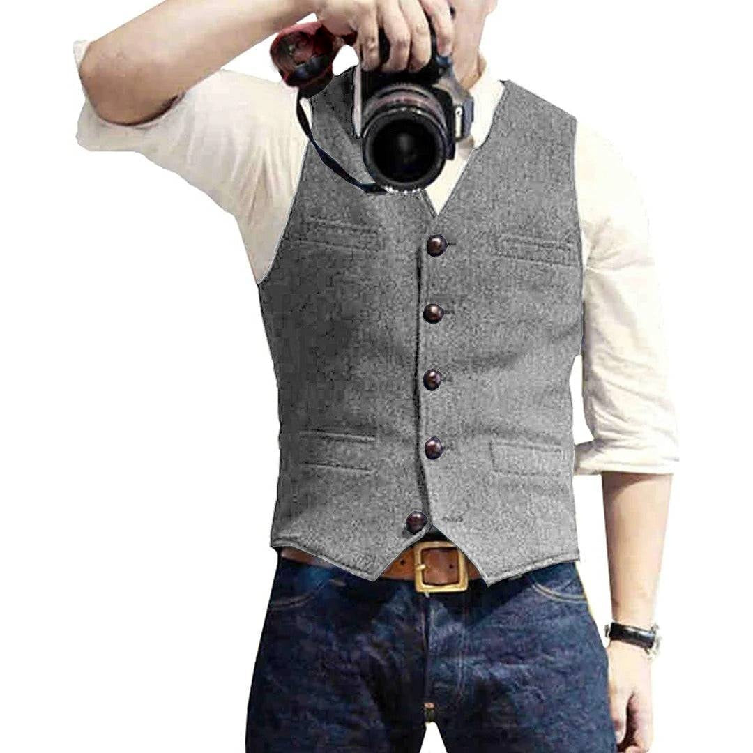 Men's Wool Blend Gilet with Button Front and Hip Pockets
