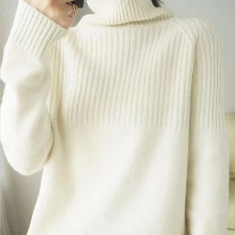 Women's Turtleneck Knit Sweater with Ribbed Cuffs and Long Sleeves