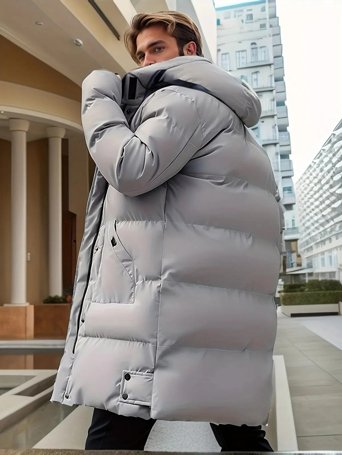 Men's Long Winter Jacket with Adjustable Hood and Moisture Blocking Shell