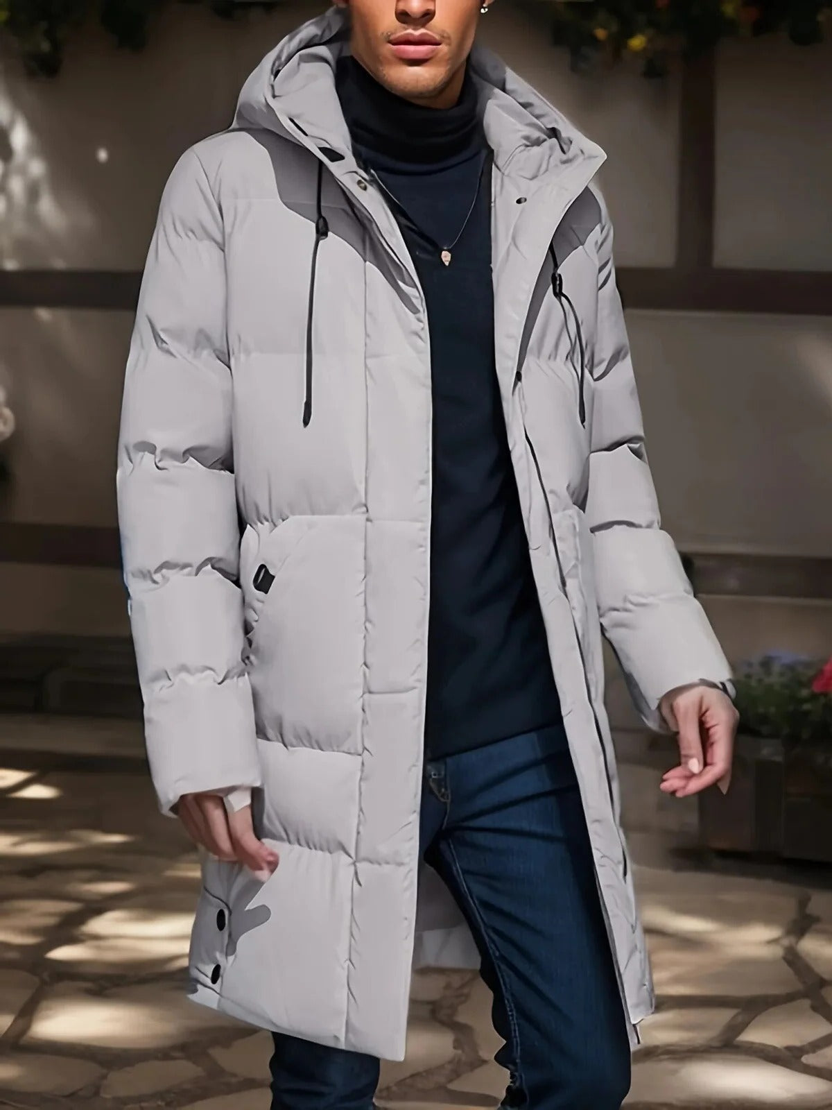 Men's Long Winter Jacket with Adjustable Hood and Moisture Blocking Shell