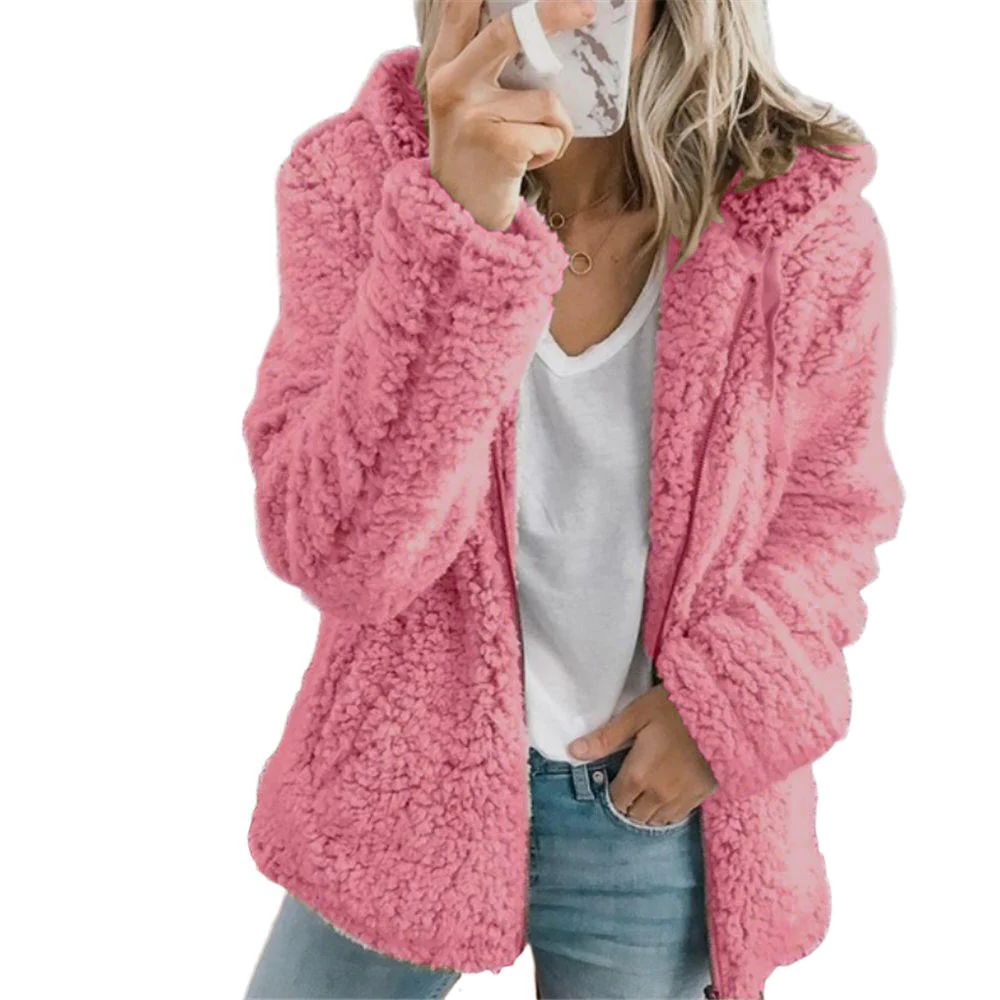 Teddy Fleece Coat with Front Zipper and Side Pockets