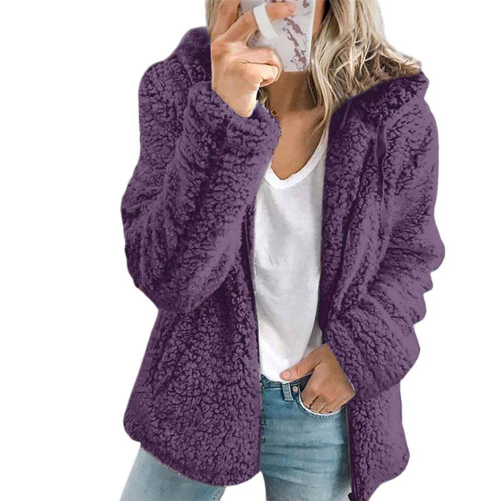 Teddy Fleece Coat with Front Zipper and Side Pockets