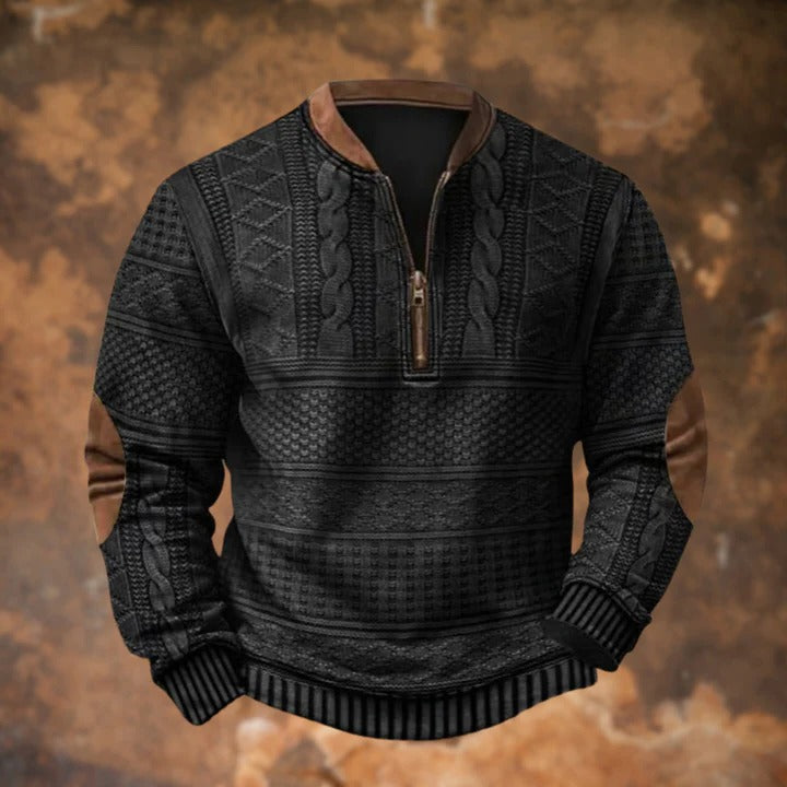 Quarter Zip Pullover Sweater with Cable Knit and Elbow Patches