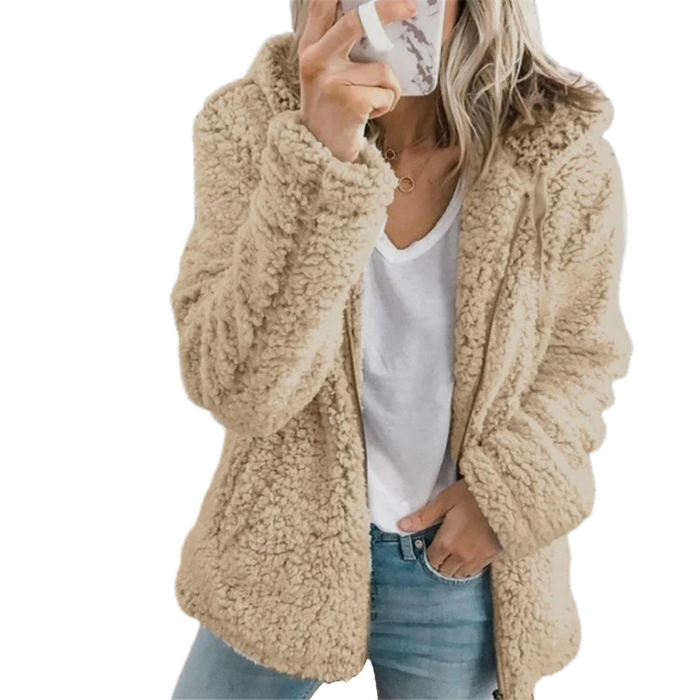 Teddy Fleece Coat with Front Zipper and Side Pockets