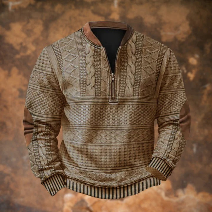 Quarter Zip Pullover Sweater with Cable Knit and Elbow Patches