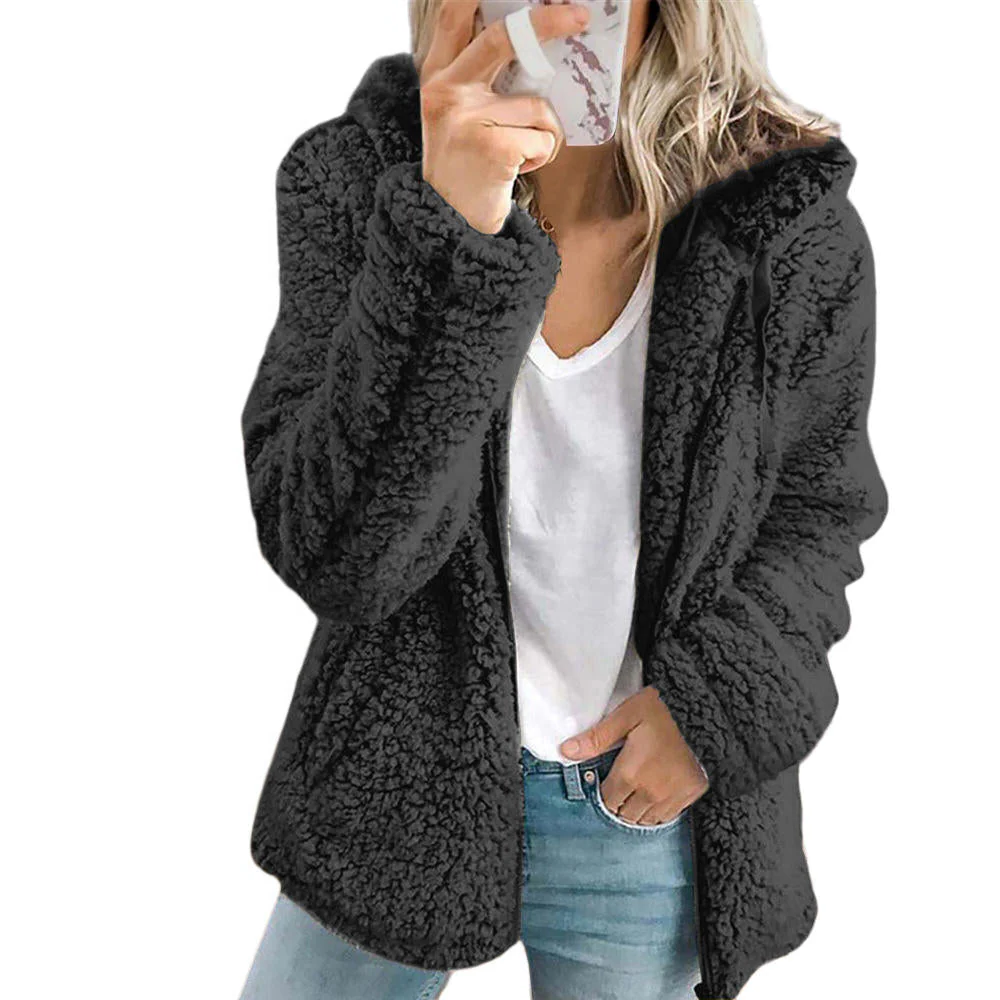 Teddy Fleece Coat with Front Zipper and Side Pockets