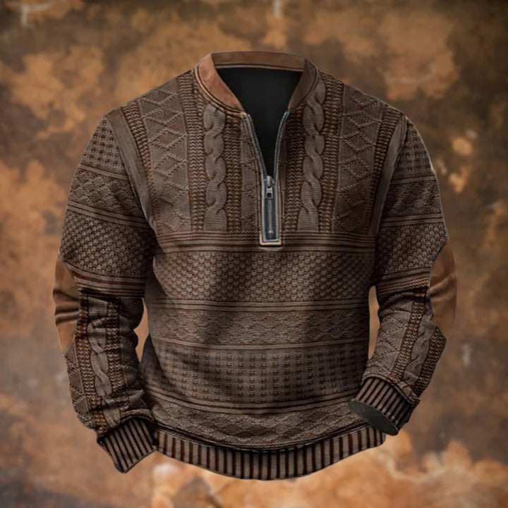 Quarter Zip Pullover Sweater with Cable Knit and Elbow Patches