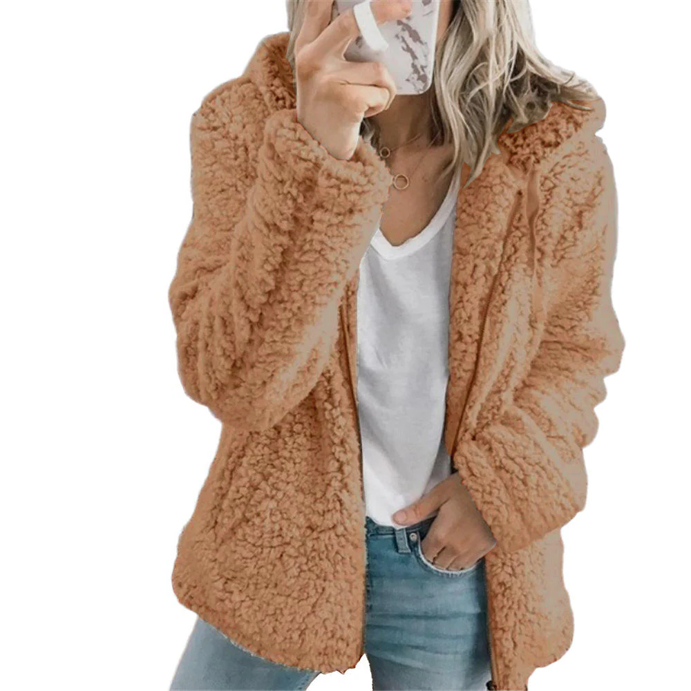 Teddy Fleece Coat with Front Zipper and Side Pockets